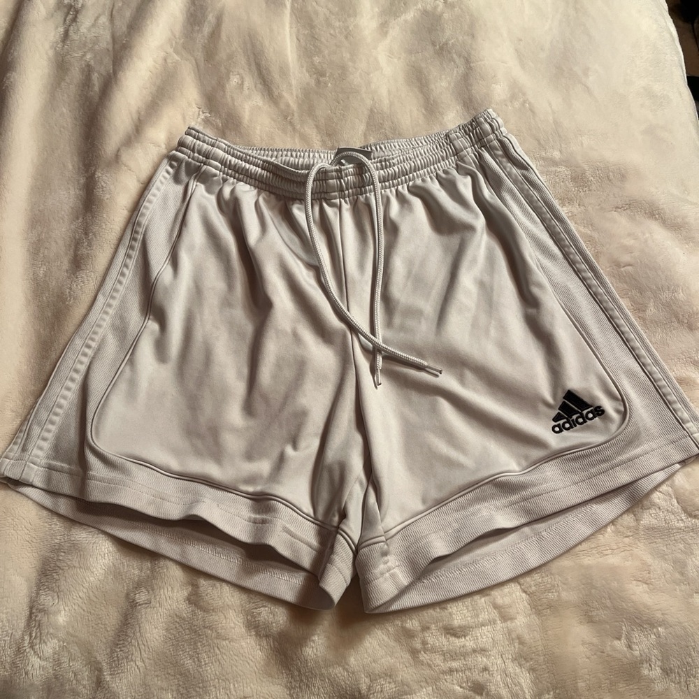 adidas White Athletic Drawstring Shorts with Black Logo Accent